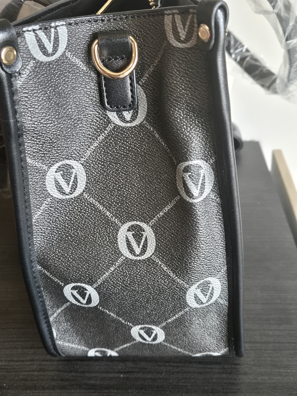 Valentino Orlandi Black & Gray Vegan Leather Satchel with Gold V Accent - Picture 3 of 7